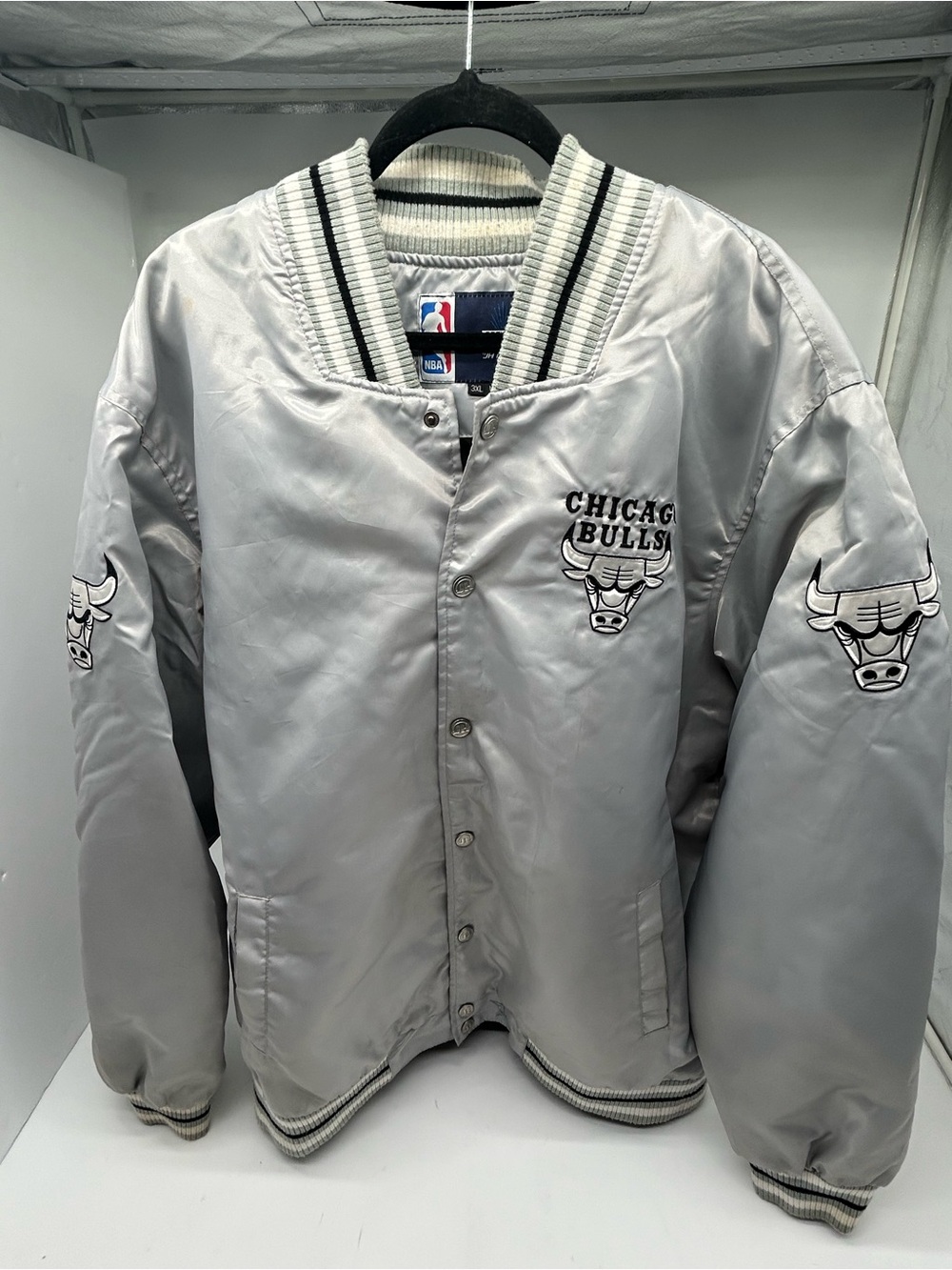 NBA Chicago Bulls Silver Satin Varsity Jacket